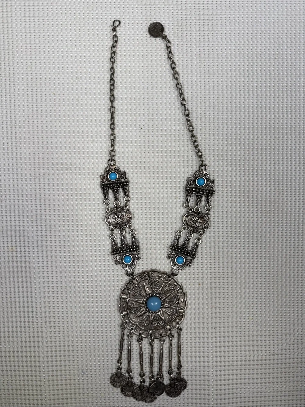 Faux Turquoise Silver-Tone Boho Medallion Native American inspired Bold Necklace